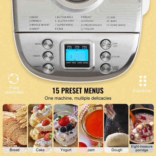 SucceBuy 2/3 LB Bread Maker 15-in-1 Dough Machine Nonstick Ceramic Pan Automatic Bread maker with Gluten Free Setting