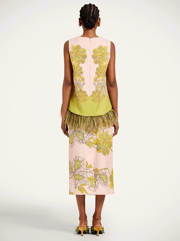 Fashion Printed Feather‑Trim Sleeveless Top Midi Skirt Straight‑Fit 2026 Summer Women Beach Outfit Warm Casual Lady 2‑Piece Set