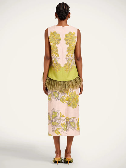 Fashion Printed Feather‑Trim Sleeveless Top Midi Skirt Straight‑Fit 2026 Summer Women Beach Outfit Warm Casual Lady 2‑Piece Set