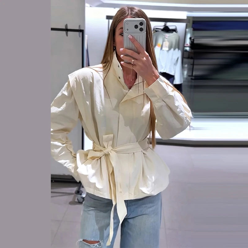 Lapel Women's Outerwear Waist Cinching Belted Jacket Drop Shoulder Cropped Cargo Trench Coat Meilaid Style Daily Fashion Wear