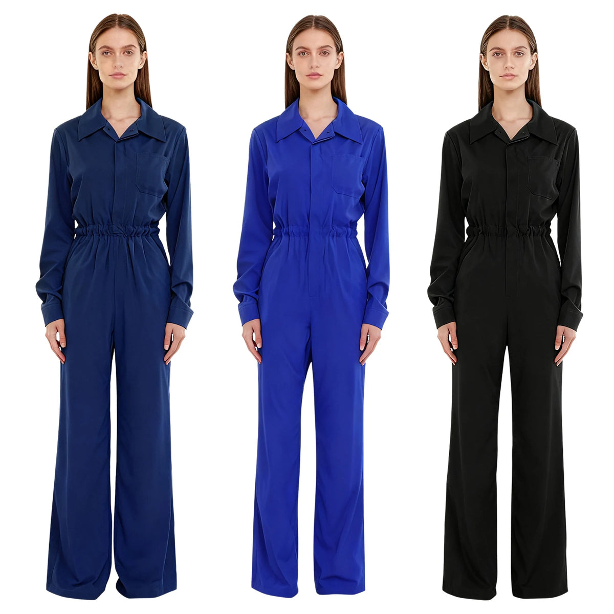 Womens Work Jumpsuit Fashion Button Coverall Casual Turn Down Collar Long Sleeve Romper Overall for Office Business Travel