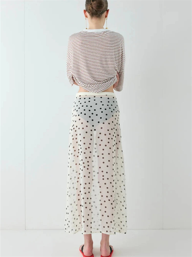Women Summer Midi Skirts Elegant Dots Print Sheer Long Skirt for Beach Vacation Club Streetwear