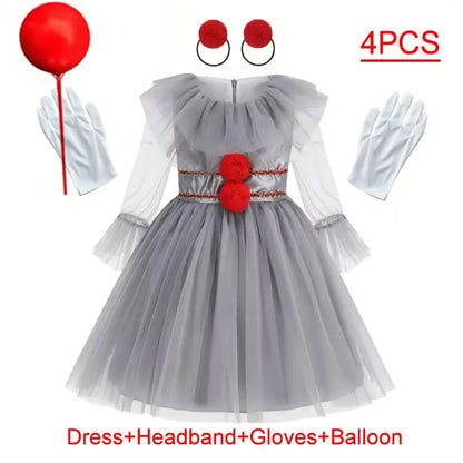 Scary Grey Joker Clown Costume for Kids Horrible Cosplay Dress Set 2026 Halloween Carnival Party Outfit Boys Girls