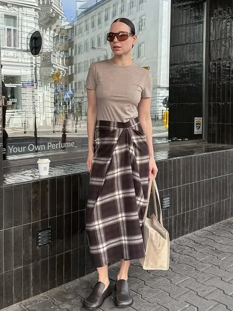 Chic Plaid Checked Midi Skirt Women Casual Pleated Slim High Waist Mid-length Bottom Skirts 2025 Office Commute Daily Wear New