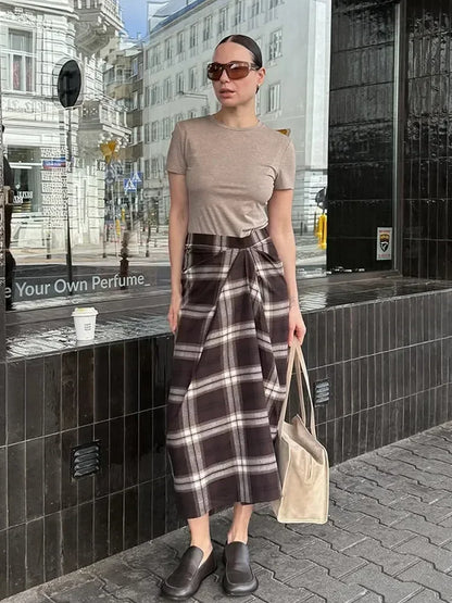 Chic Plaid Checked Midi Skirt Women Casual Pleated Slim High Waist Mid-length Bottom Skirts 2025 Office Commute Daily Wear New