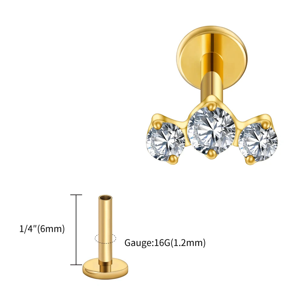 Right Grand ASTM F136 Titanium Triple CZ Cluster Cartilage Earring 16G Mini CZ Labret Tragus Helix Medusa Flat Back Piercing