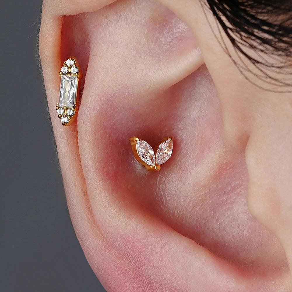 Right Grand ASTM F136 Titanium Tiny Double Marquise CZ Labret Stud Earring 16G Heart CZ Cartilage Helix Tragus Conch Piercing