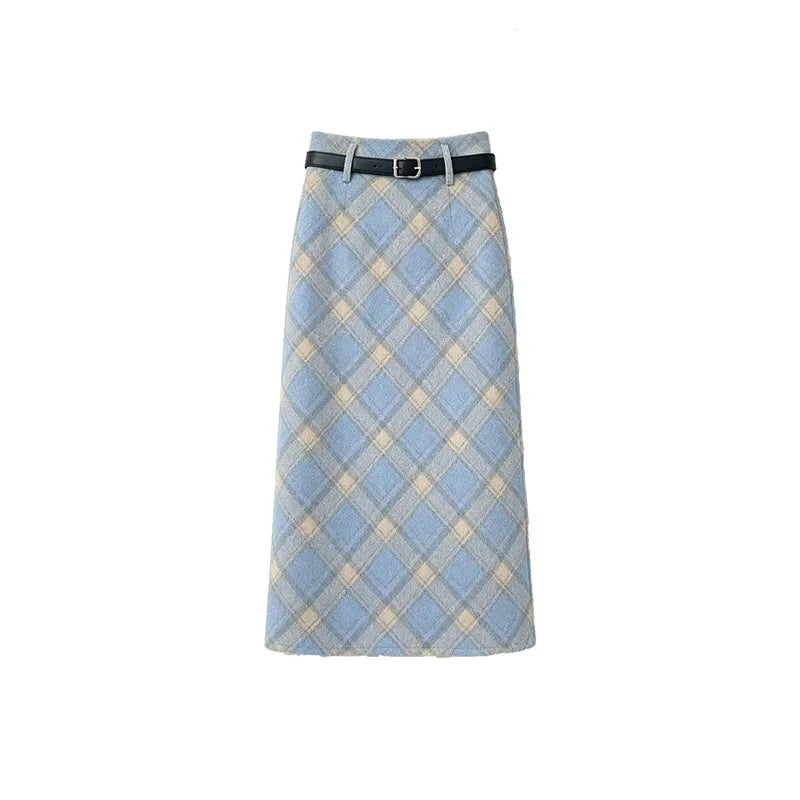 Plaid Woolen Skirts Women New Fashion 2026 Autumn Winter High Waisted Straight Midi Skirts Woman Preppy Style Retro Long Skirt