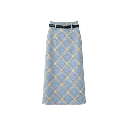 Plaid Woolen Skirts Women New Fashion 2026 Autumn Winter High Waisted Straight Midi Skirts Woman Preppy Style Retro Long Skirt