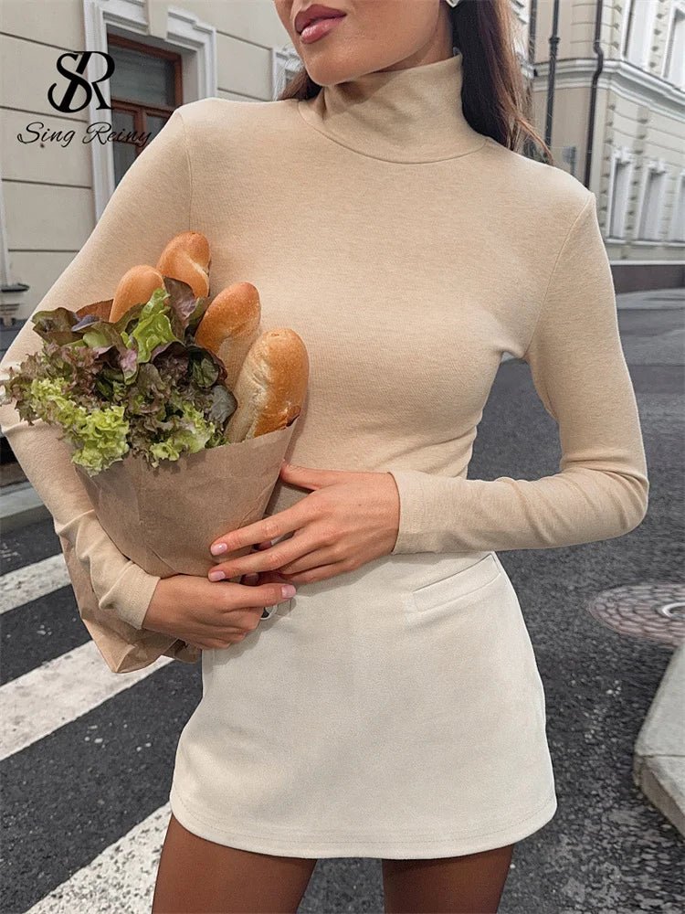 SINGREINY Fashion Faux Suede Autumn Mini Skirt French Elegant Zipper Basic Versatile Minimalist Female Commute Casual Slim Skirt