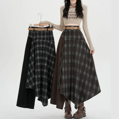 Qiukichonson Long Skirts Women Plaid Skirt Vintage Spring Autumn Patchwoek High Waist Ruffles Asymmetrical Maxi Skirt With Belt