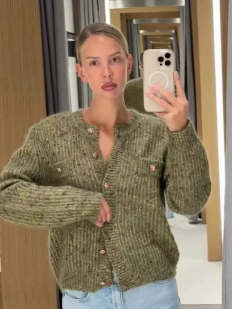 Women Cropped Knit Cardigan Speckled Round Neck Metal Button Front Long Sleeve Slim Fit Knit Jacket Casual Ladies Outerwear