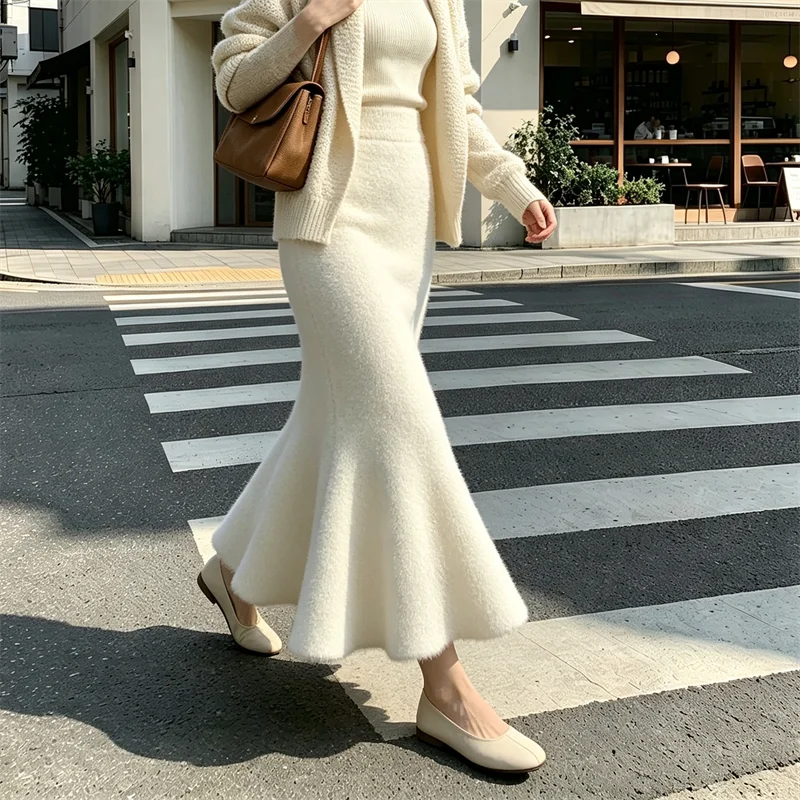 Women Faux Mink Knit Mermaid Skirt High Waist Soft Fuzzy Warm Sweater Skirt Fall Winter Elegant Bodycon Long Midi Skirts 636
