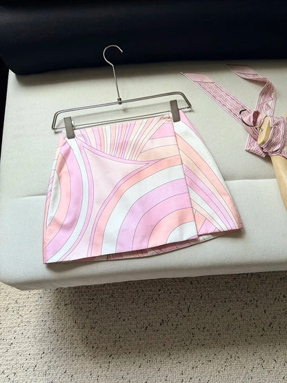 Summer Fashion Party Vintage Pattern Print Silk Mini Pencil Skirt Women's Low Waist Slim Buckle Strap Buttock Covering Skirt