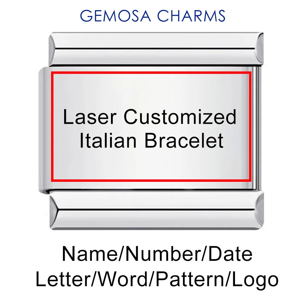 GEMOSA 1pc Personalization Laser Customized Name Message Logo Italian Charm Link Fit 9/18mm Stainless Steel Bracelet DIY Beads