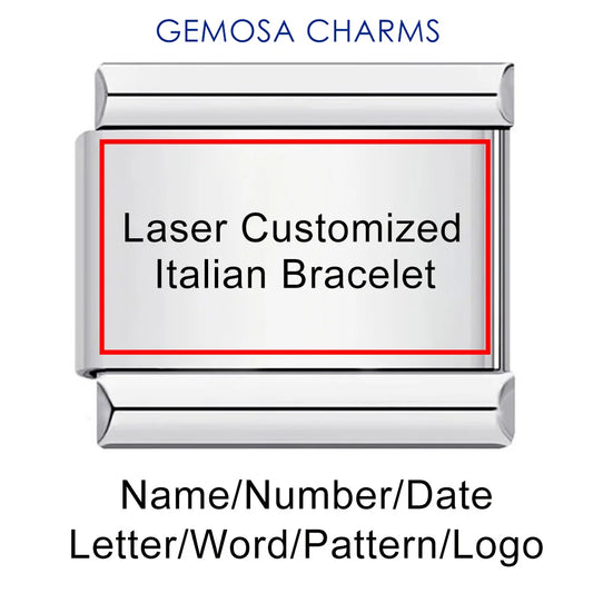 GEMOSA 1pc Personalization Laser Customized Name Message Logo Italian Charm Link Fit 9/18mm Stainless Steel Bracelet DIY Beads