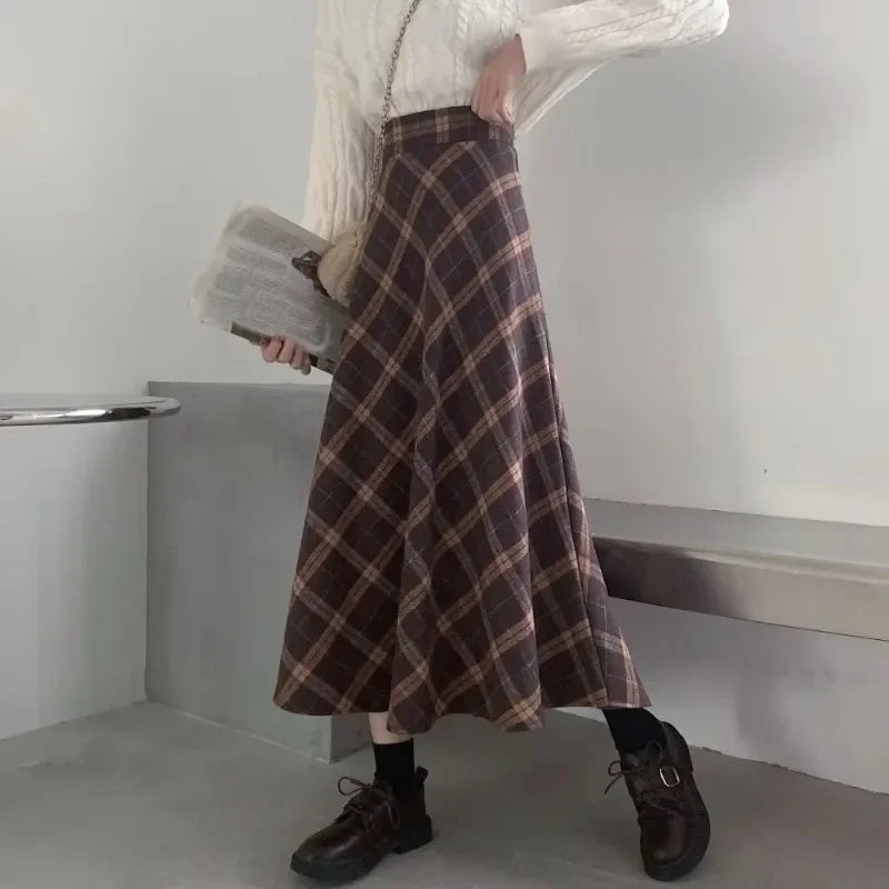 Elegant High Waist Retro Plaid Skirt Winter Autumu Classical High Waist Long Skirt Slim Fit Preppy Style A-line Half Dress Party