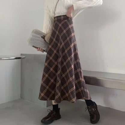 Elegant High Waist Retro Plaid Skirt Winter Autumu Classical High Waist Long Skirt Slim Fit Preppy Style A-line Half Dress Party