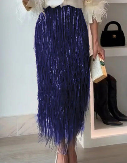 Women Chic Tassel Sequin Irregular Long Skirt High Waist A-line Casual Skirts 2026 Summer Autumn Lady Shiny Street Party Clothes