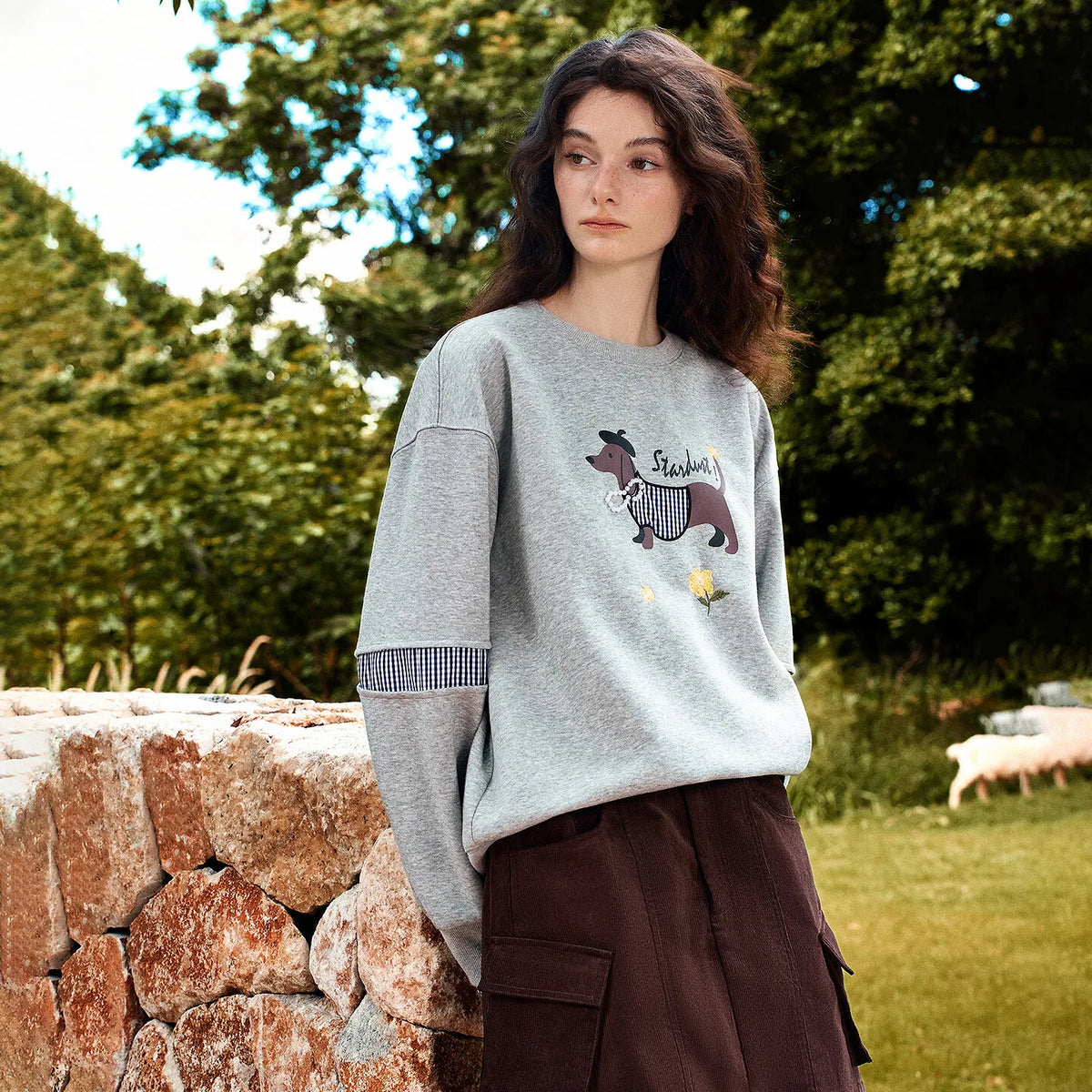 TOYOUTH Women's Sweatshirt 2026 Autumn New Loose Deconstructed Faux Two-Piece Plaid Dachshund Print Vintage Pullover Top