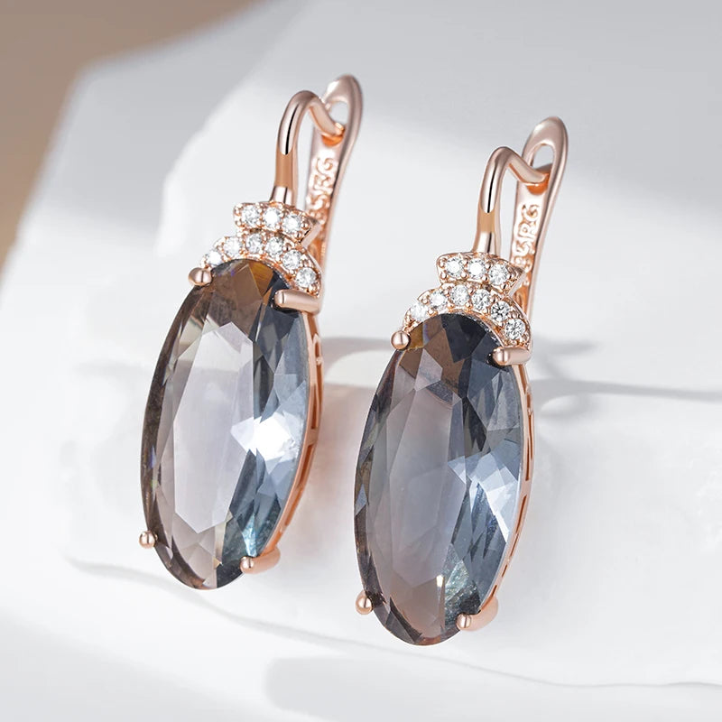 Kinel Hot Grey Big Oval Drop Dangle Earrings For Women 585 Rose Gold Color With Natural Zircon High Quality Daily Fine Jewelry