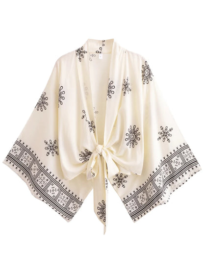 Vintage Women Fashion Boho Kimono Short Robe Swimsuits Floral Print Batwing Sleeves Bohemian Bikini Cover-Ups Beachwear