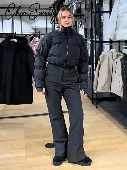 Casual Thicken Women's Ski Jumpsuits Stand Collar Full Sleeve Zippers High Waist Lady Rompers 2025 Winter Female Skiwear New