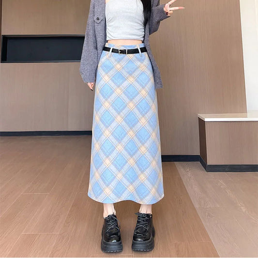 Plaid Woolen Skirts Women New Fashion 2026 Autumn Winter High Waisted Straight Midi Skirts Woman Preppy Style Retro Long Skirt