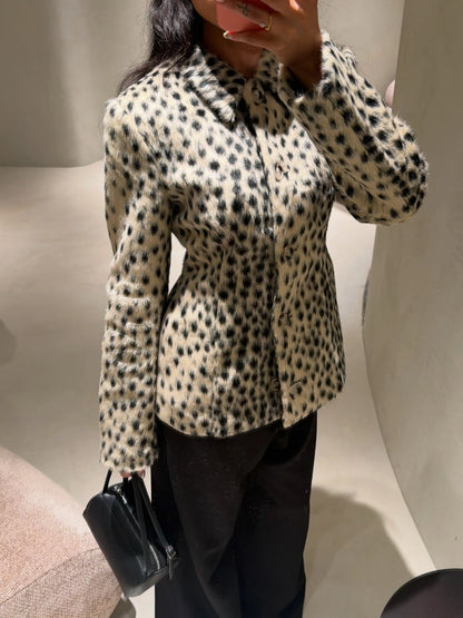 Vintage Dalmatian Spotted Faux Fur Coat Women Round Neck Button Front Loose Short Fuzzy Jacket Winter Warm Street Outerwear