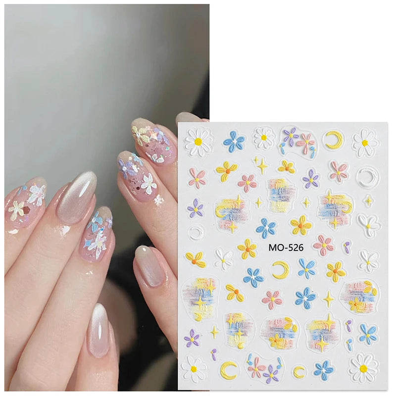 5D Embossed Nail Art Decals Elegant Petals Florals Daisy Flowers Leaves Adhesive Sliders Stickers For Manicure Tips Decoration