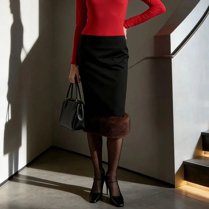 LIMO Women Midi Pencil Skirt Faux Fur Hem Elegant High Waist Winter Thick Bodycon Skirt