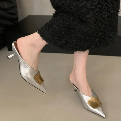 Maogu Luxury Slides Pointed Toe Ladies Shoes Summer Fashion Footwear Thin Mid Heels Shoe Slides Slippers Women 2025 Chain Mules