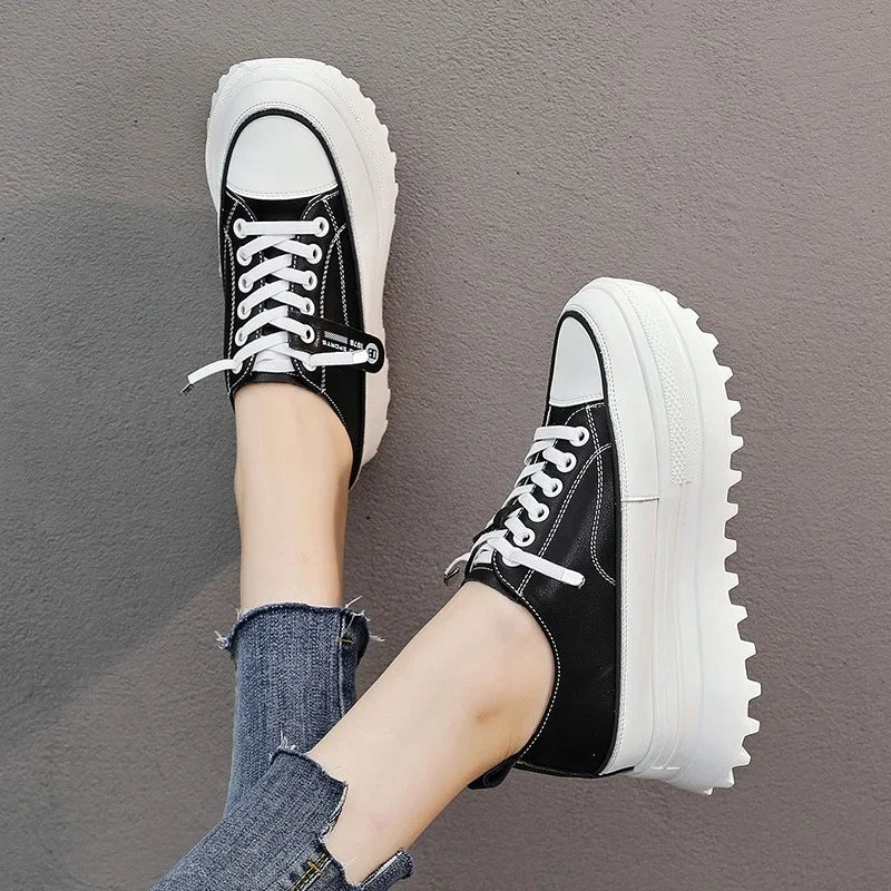Fujin 5.5cm Genuine Leather Platform Wedge Shoes Chunky Sneaker White Casual Shoes Comfortable Breathable Autumn Autumn Shoes
