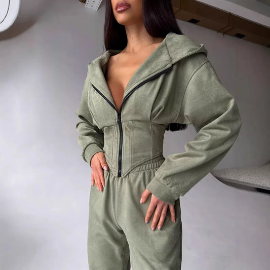 Autumn 2 Piece Sets Women Outfits Elegant Zipper Solid Color Hooded Slim Bodysuit + Casual Sports Style Trousers Womens Clothing