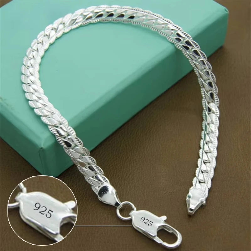 925 Silver Bracelet 6mm 18/19/20cm Flat Side Chain Lobster Clasp For Woman Man Wedding Engagement Jewelry