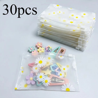 30Pcs Daisy Print Frosted Zipper Bags Transparent Plastic Storage Pouch Reusable Seal Bag For Jewelry Cosmetic Stationery Travel