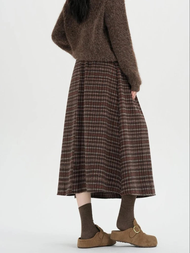 American Style Thickened Wool Vintage Plaid Midi Skirt Woman Elastic Waist Winter Casual A-Line Long Skirts Lady