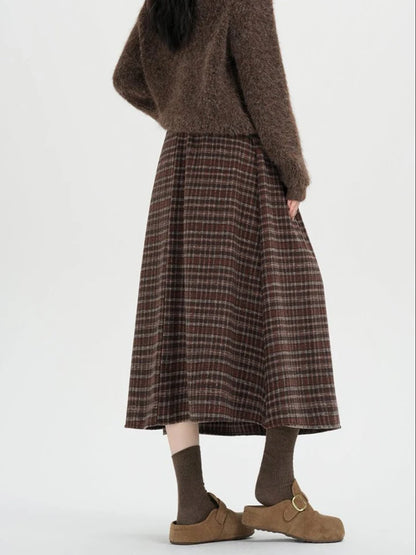 American Style Thickened Wool Vintage Plaid Midi Skirt Woman Elastic Waist Winter Casual A-Line Long Skirts Lady