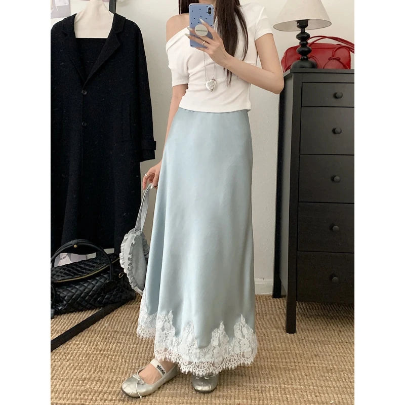 Elegant Long Skirts for Women Summer High Waist Lace Satin Skirt Women's A-line Korean Fashion Solid Color Loose Women's Skirt