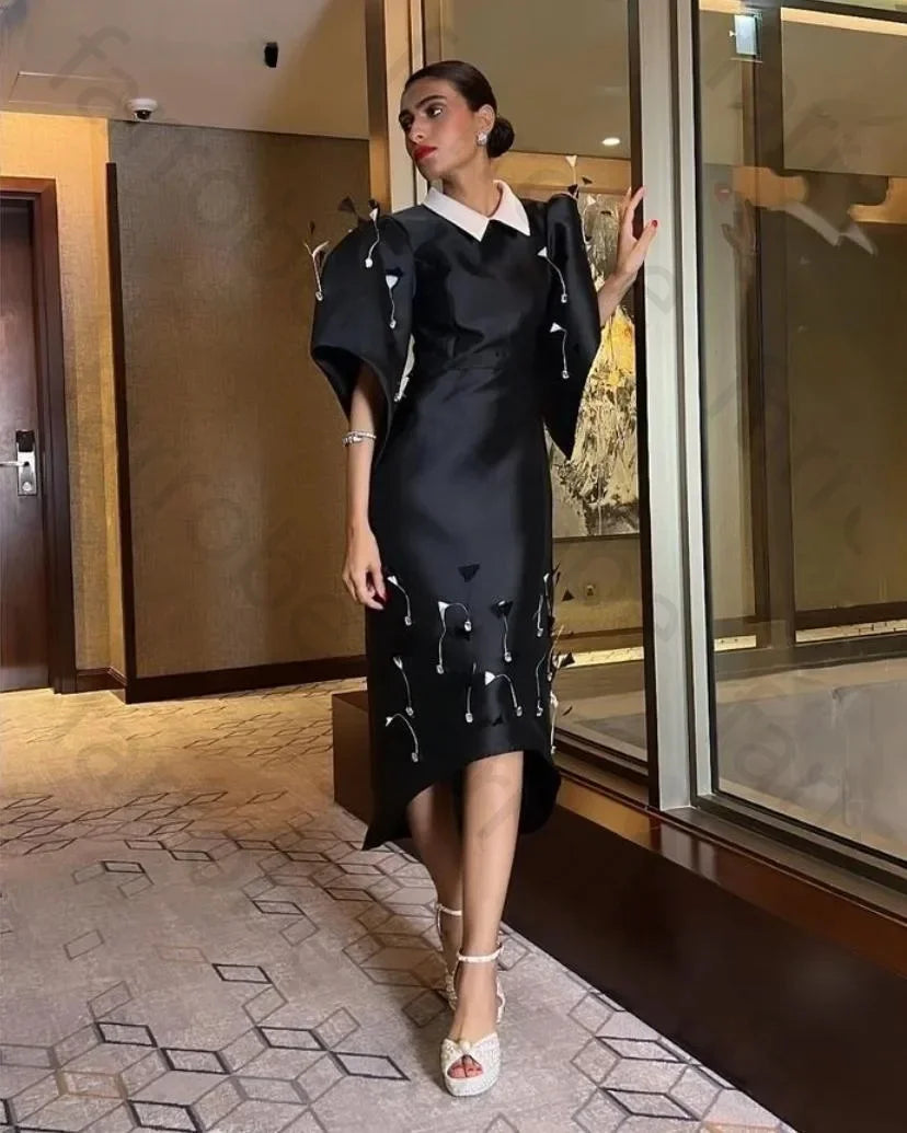 Customized Satin Evening Dresses Saudi Arabic Prom Dresses V Neck Half Sleeves Feathers Asymmetric Women Elegant Party Dress