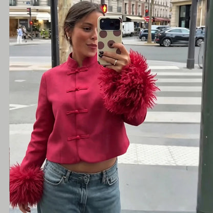 Mandarin Collar Cropped Jacket Women Frog Buttons Faux Fur Cuff Slim Fit Short Coat 2026 Elegant Party Date Ladies Outerwear