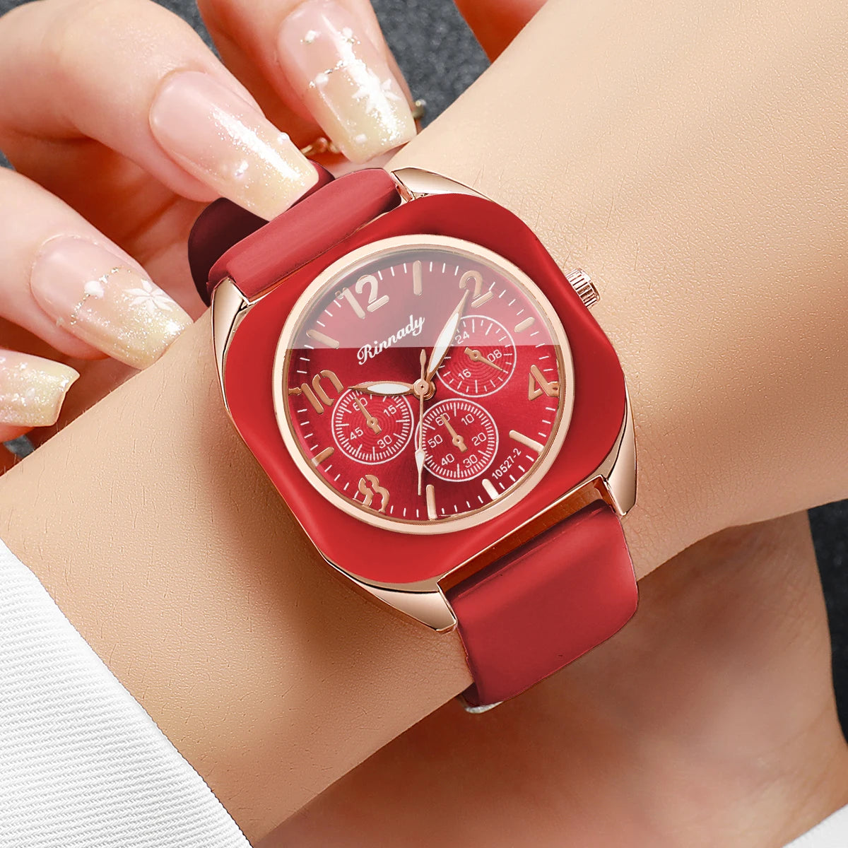 Fashion Women Square Quartz Watch Red Silicone Strap Decorative Three Dials Sports Wristwatches Relogio Feminino（Without Box）