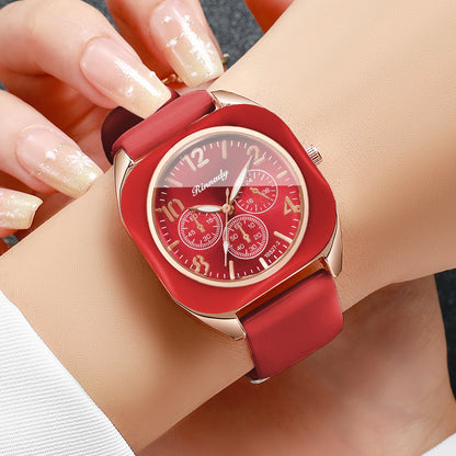 Fashion Women Square Quartz Watch Red Silicone Strap Decorative Three Dials Sports Wristwatches Relogio Feminino（Without Box）