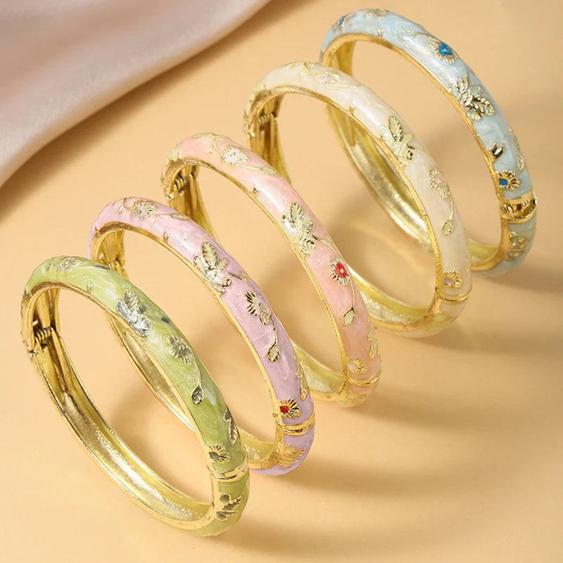 FTCY 5PCS Fine Small Flower Cloisonne Enamel Bangles For Women Vintage Bohemian Oil-drop Bracelet Elegant Jewelry Gifts