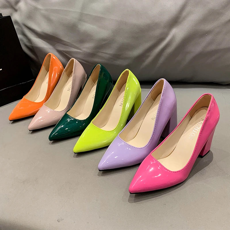 Aphixta New Barby Pink Pumps Women Shoes 7cm/10cm Square Heels Patent Leather Multicolor Party Leisure Super Big Szie 35-53