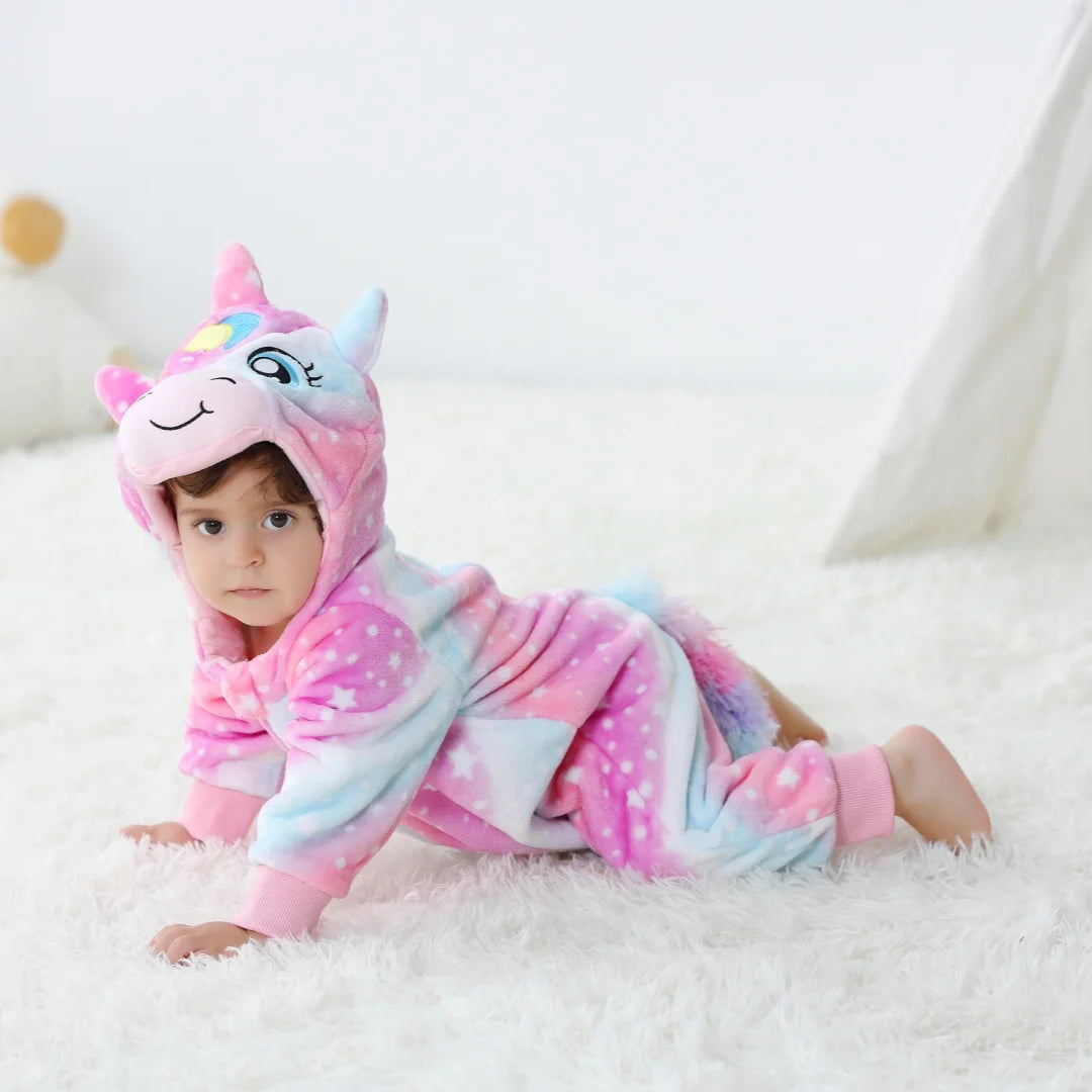 Unicorn Baby Jumpsuits with Hat Flannel Toddler Rompers for Boys Girls Long Sleeves Onesies Soft Breathable One-Piece Pajamas