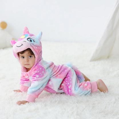 Unicorn Baby Jumpsuits with Hat Flannel Toddler Rompers for Boys Girls Long Sleeves Onesies Soft Breathable One-Piece Pajamas