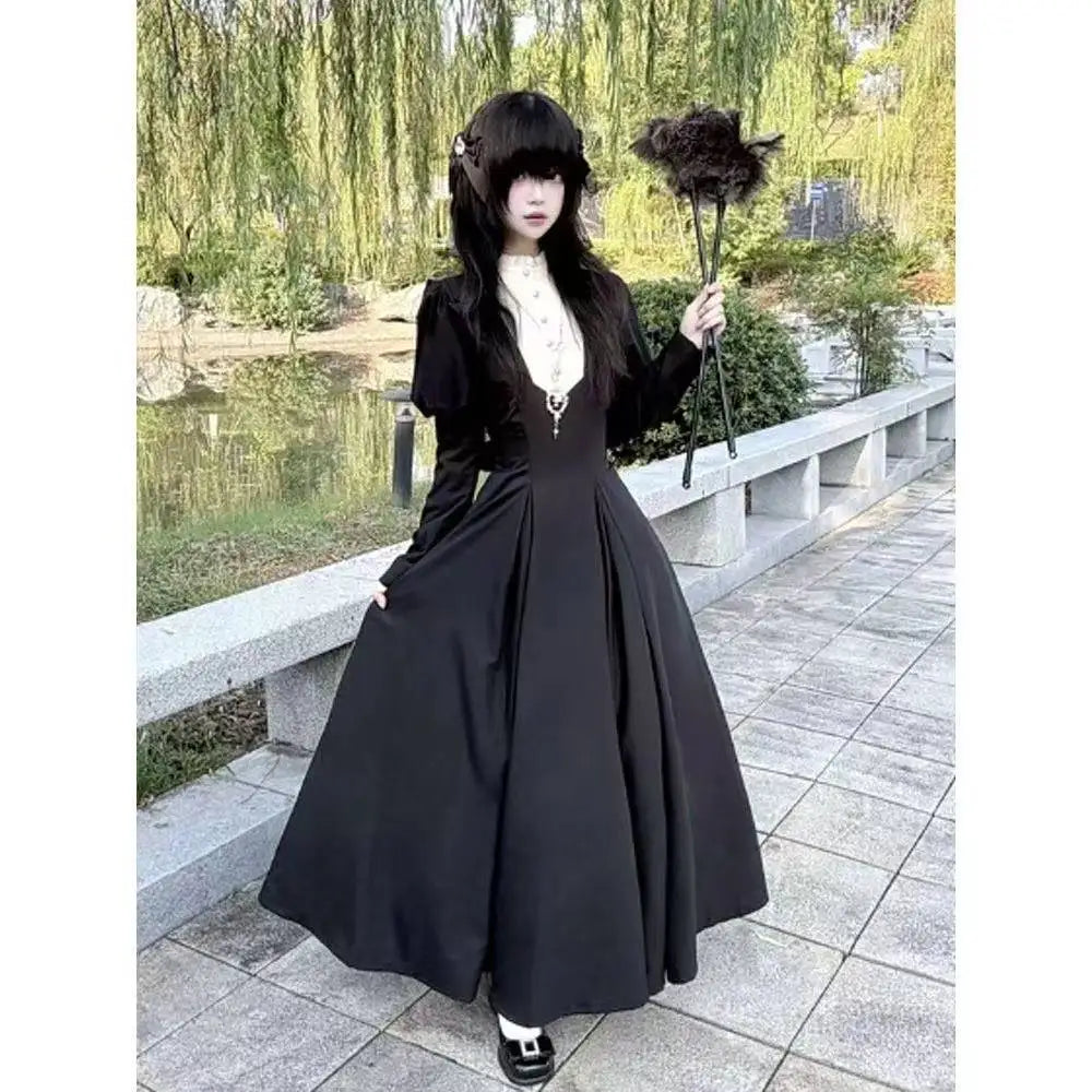 Japanese Gothic Vintage Black Dress Slim Elegant Midi Dress Solid Retro Fashion Party Dress Woman Korean Style Chic