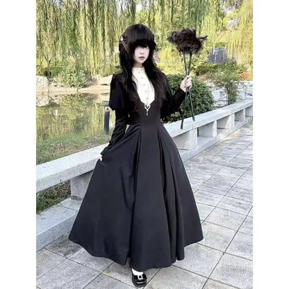 Japanese Gothic Vintage Black Dress Slim Elegant Midi Dress Solid Retro Fashion Party Dress Woman Korean Style Chic