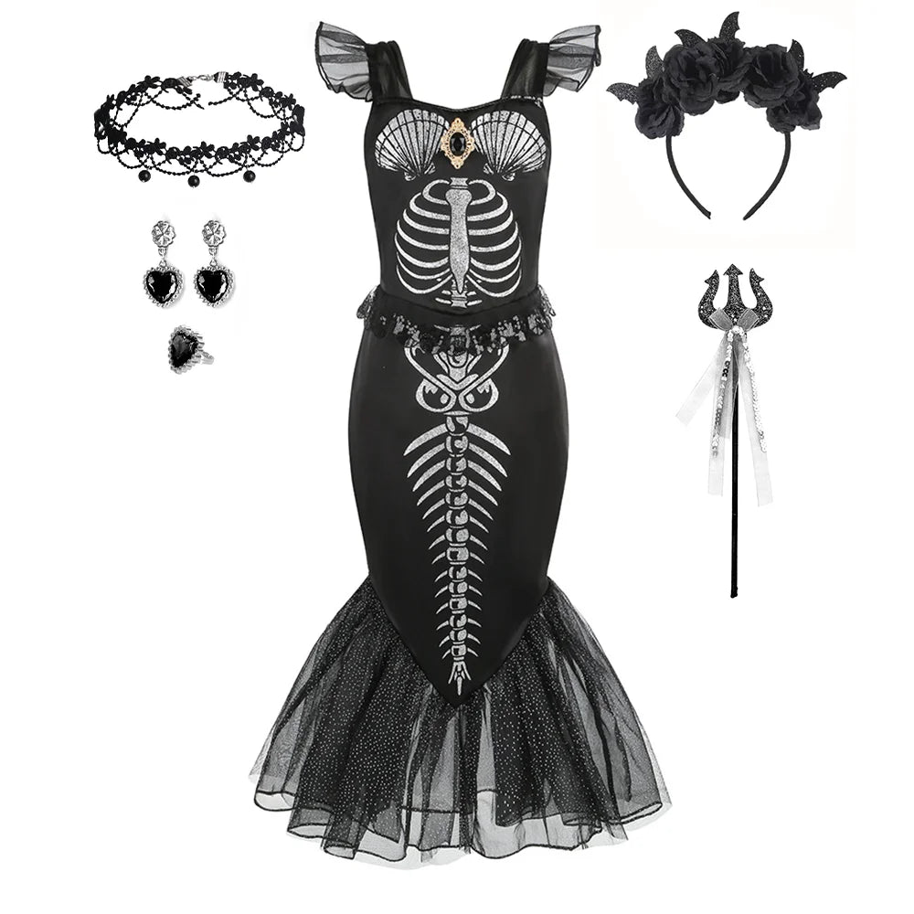 2-10Yrs Girls Halloween Party Skeleton Print Mermaid Princess Dress Gothic Style Black Trumpet Skirt Siren Ariel Cosplay Costume